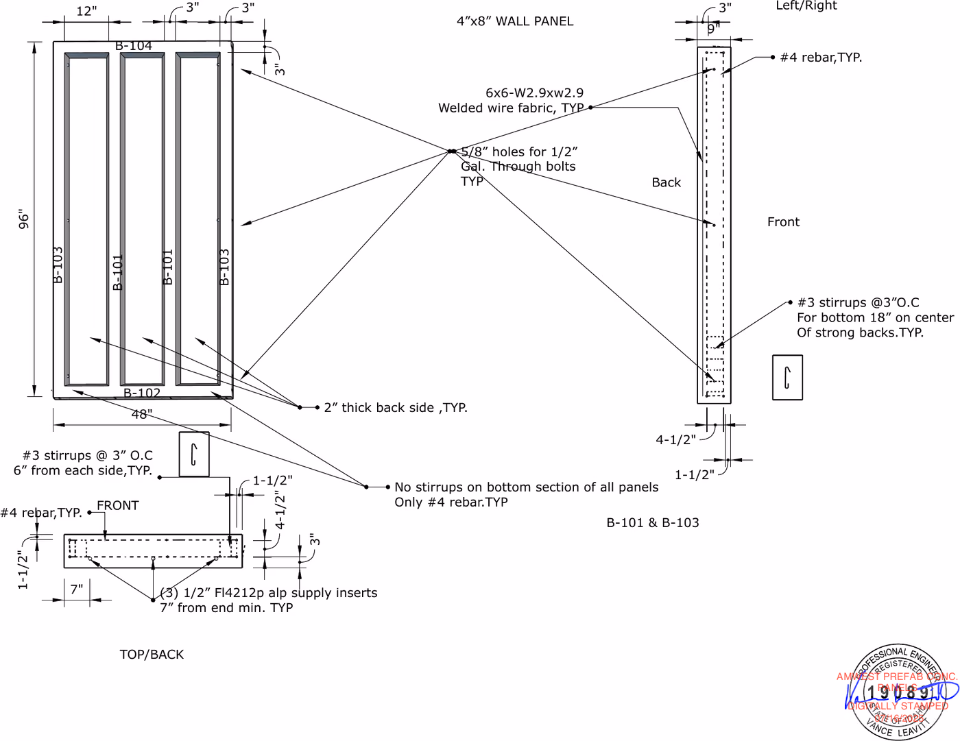 Sheet 9 of the stamped drawing set: the 4 by 8 ft wall panel as cast, with #4 rebar, #3 stirrups through the bottom 18 inches and welded wire fabric.